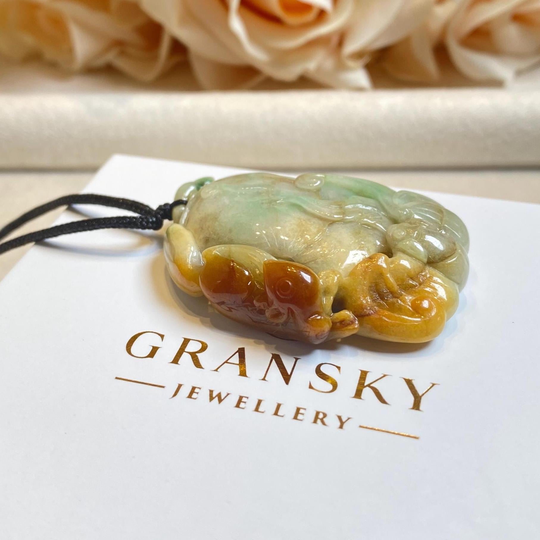 Natural Tri-ColorBrown Jade Ruyi Fushu Carving Pendant