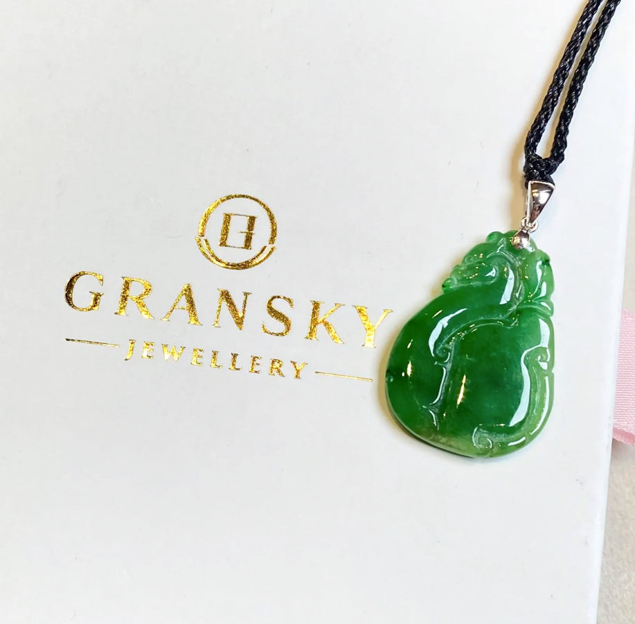Natural Green Ruyi Jade Pendant 18k White Gold Bail - Untreated Burmese Jadeite