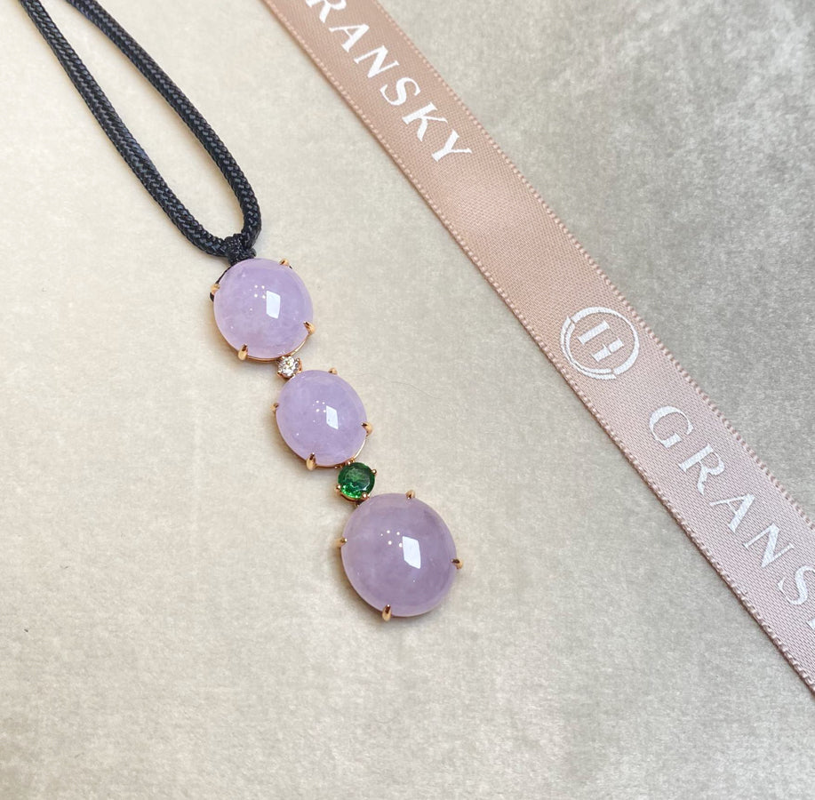 Triple Purple Jade Cabochon Pendant in 18K Rose Gold with Garnet Accents