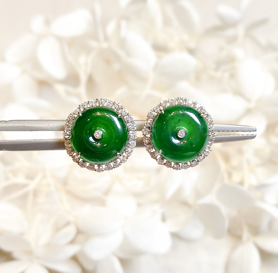 Imperial Green Jadeite & Diamond Round Disc Stud Earrings in 18K White Gold