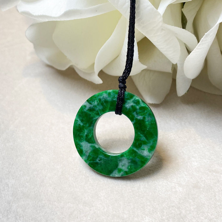 Natural Type A Jadeite Round Disc Pendant - Intense Green Jade with Adjustable String