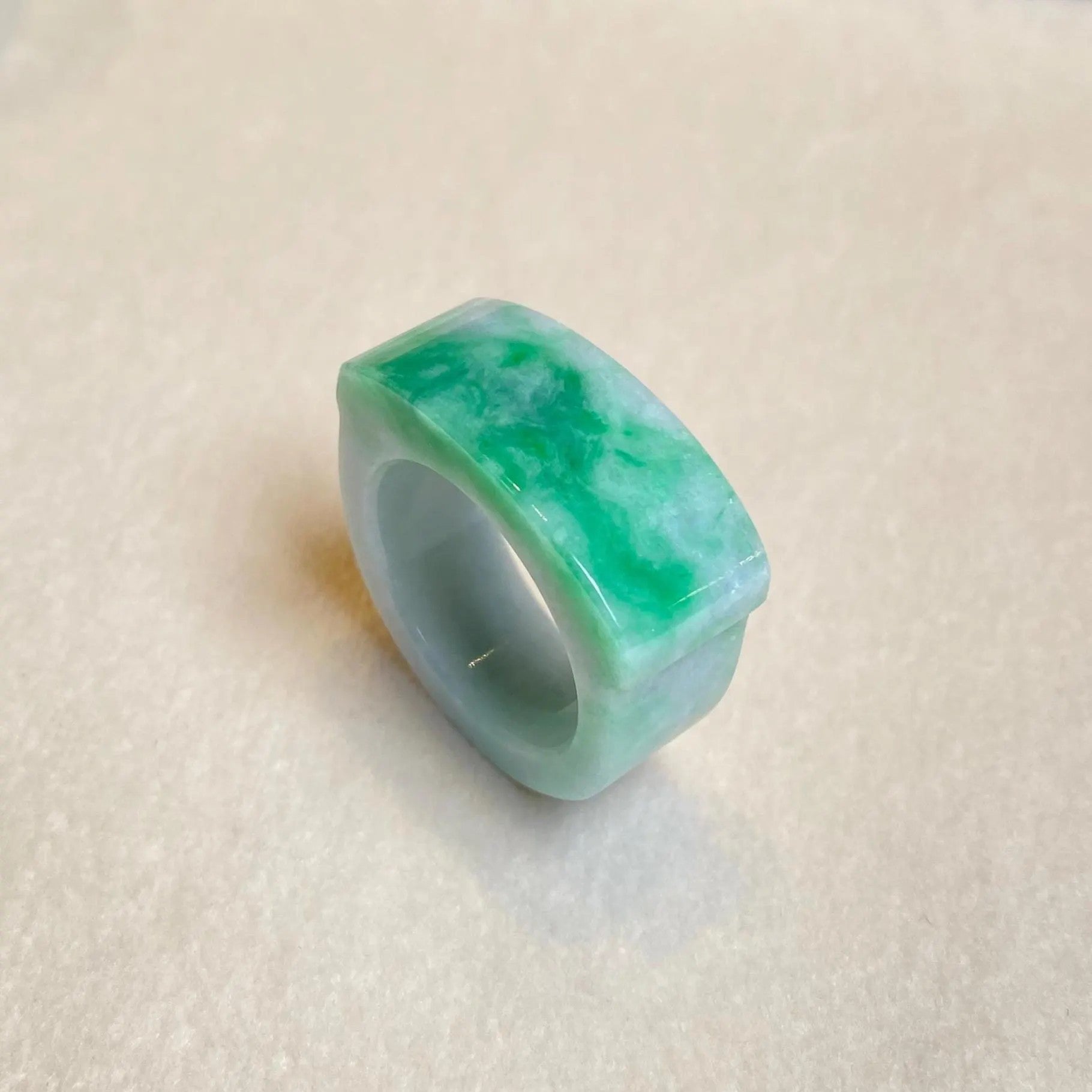 Green Jade Saddle Ring - Size US 9.25, Smooth Bright Green, Minimalist Elegance
