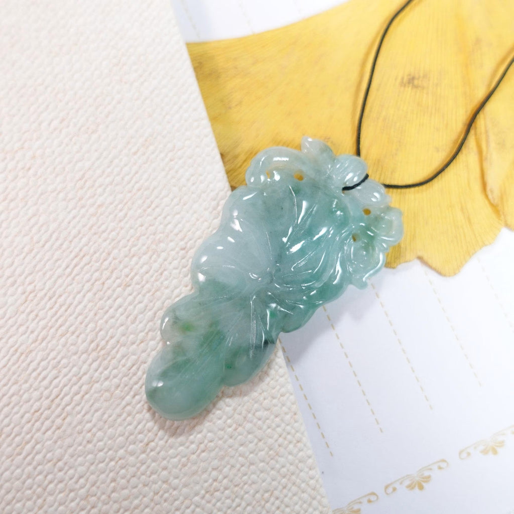 Natural Green Carved Lotus Jadeite Pendant