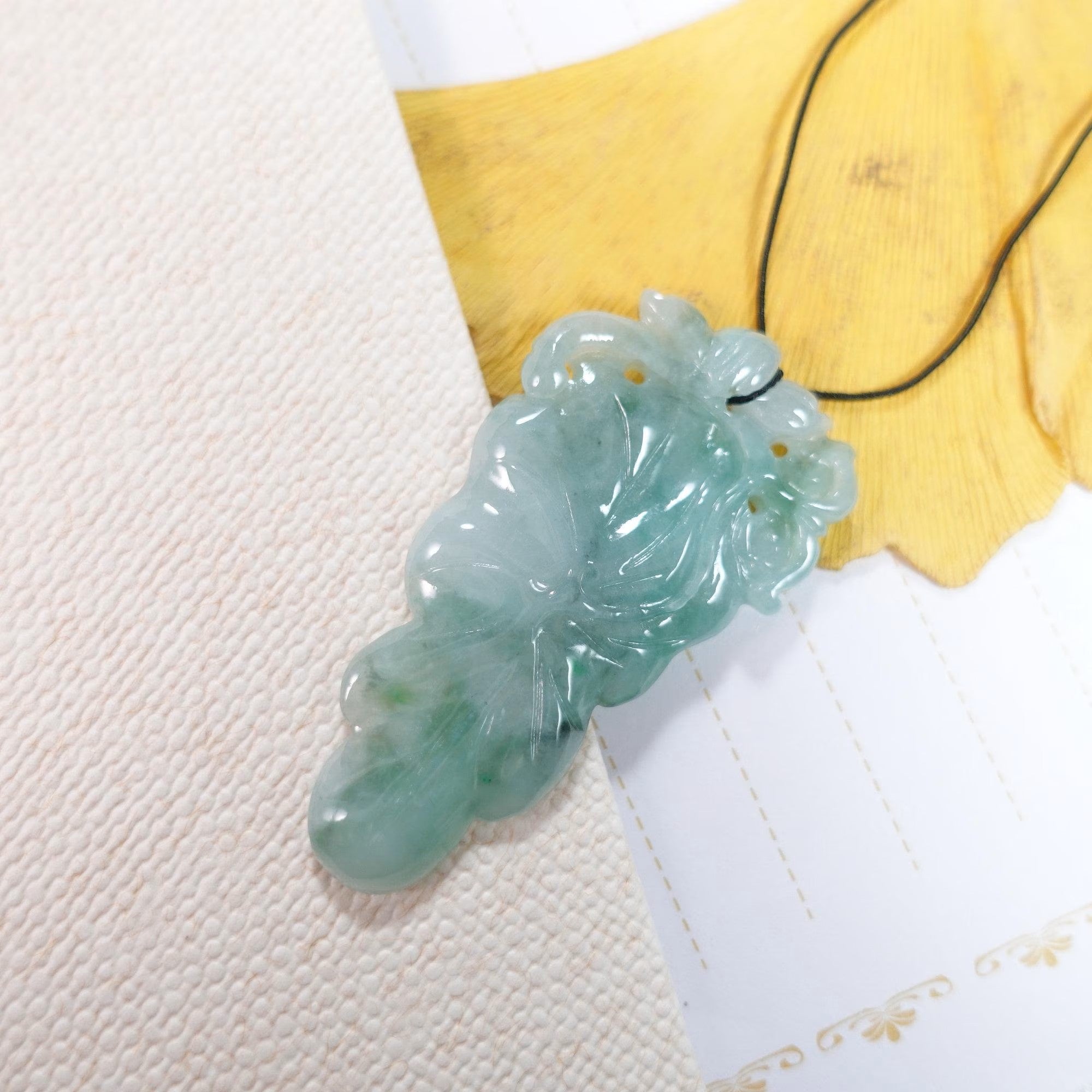 Natural Green Carved Lotus Jadeite Pendant