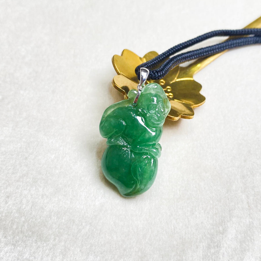 Gransky Jewellery Beautiful Green Jade Monkey on Peach Pendant in 18k White Gold