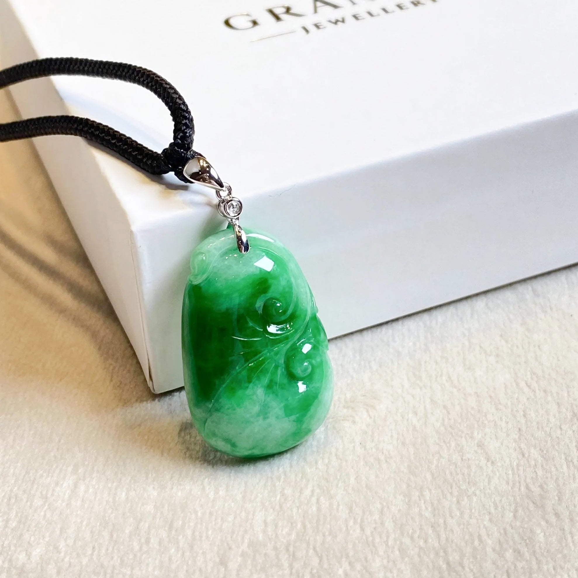Natural Green Ruyi Jade Pendant - 18k White Gold Bail & Diamond