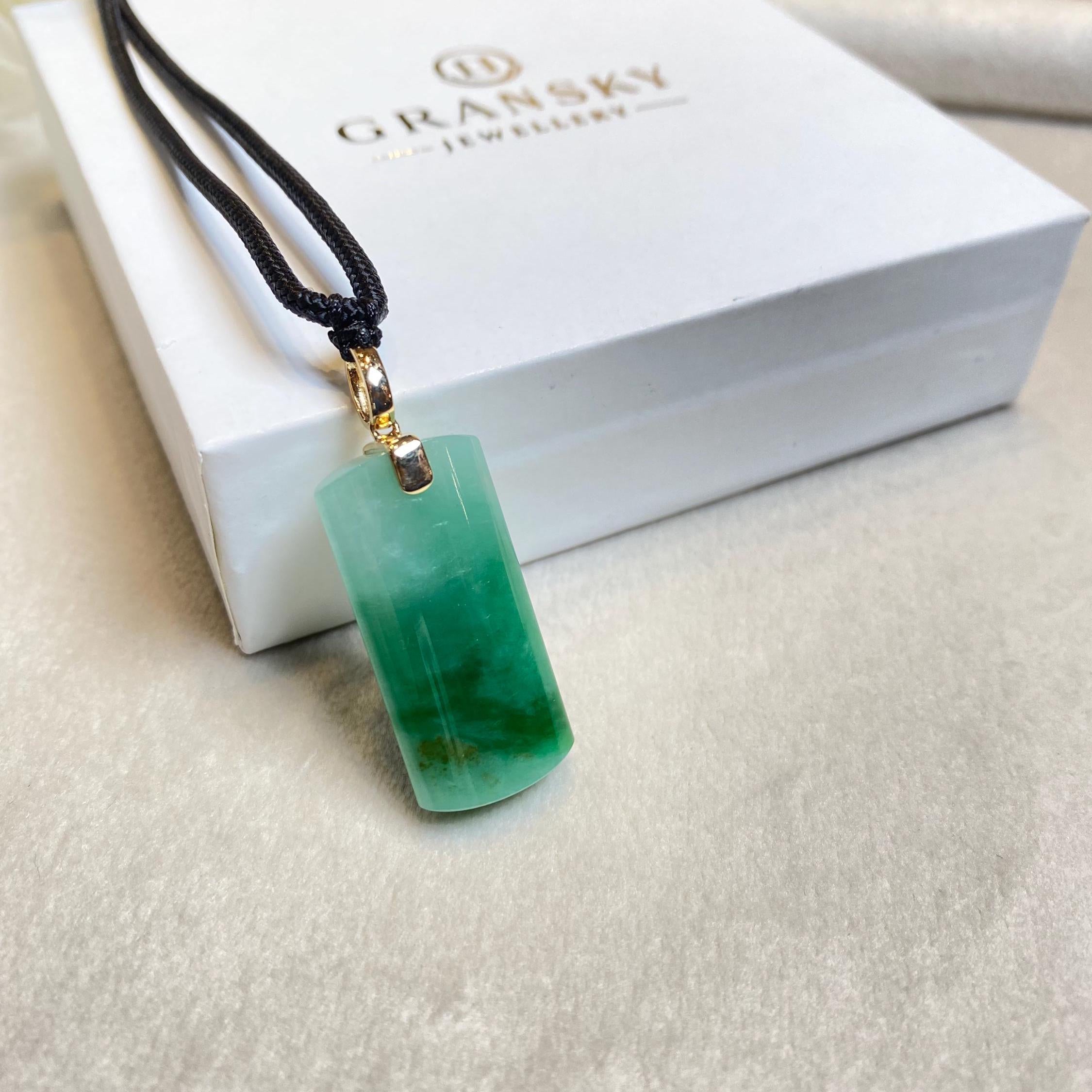 Green Jade Block Pendant Necklace 18k Yellow Gold Bail - Certified Type-A Jadeite