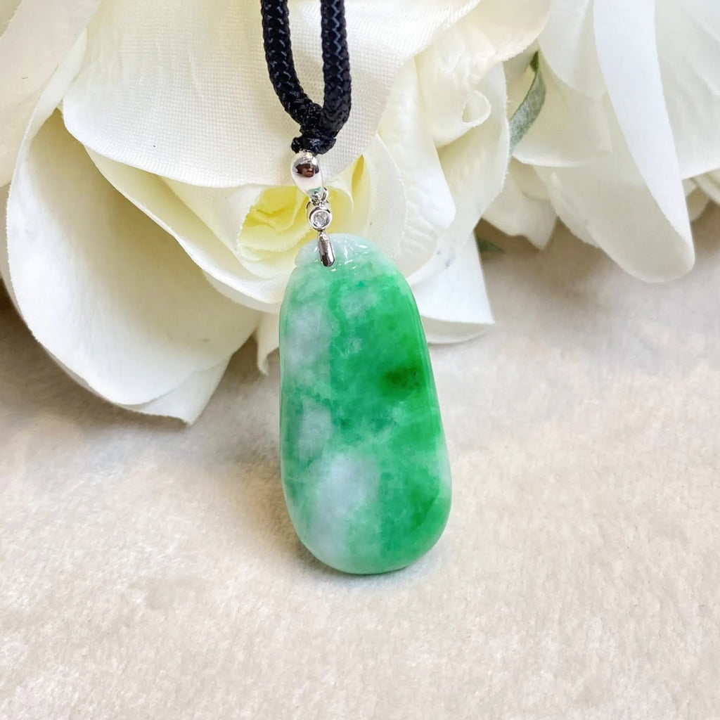 Handcrafted Melon Shape Jade Pendant Necklace - 18k White Gold Bail & Diamond