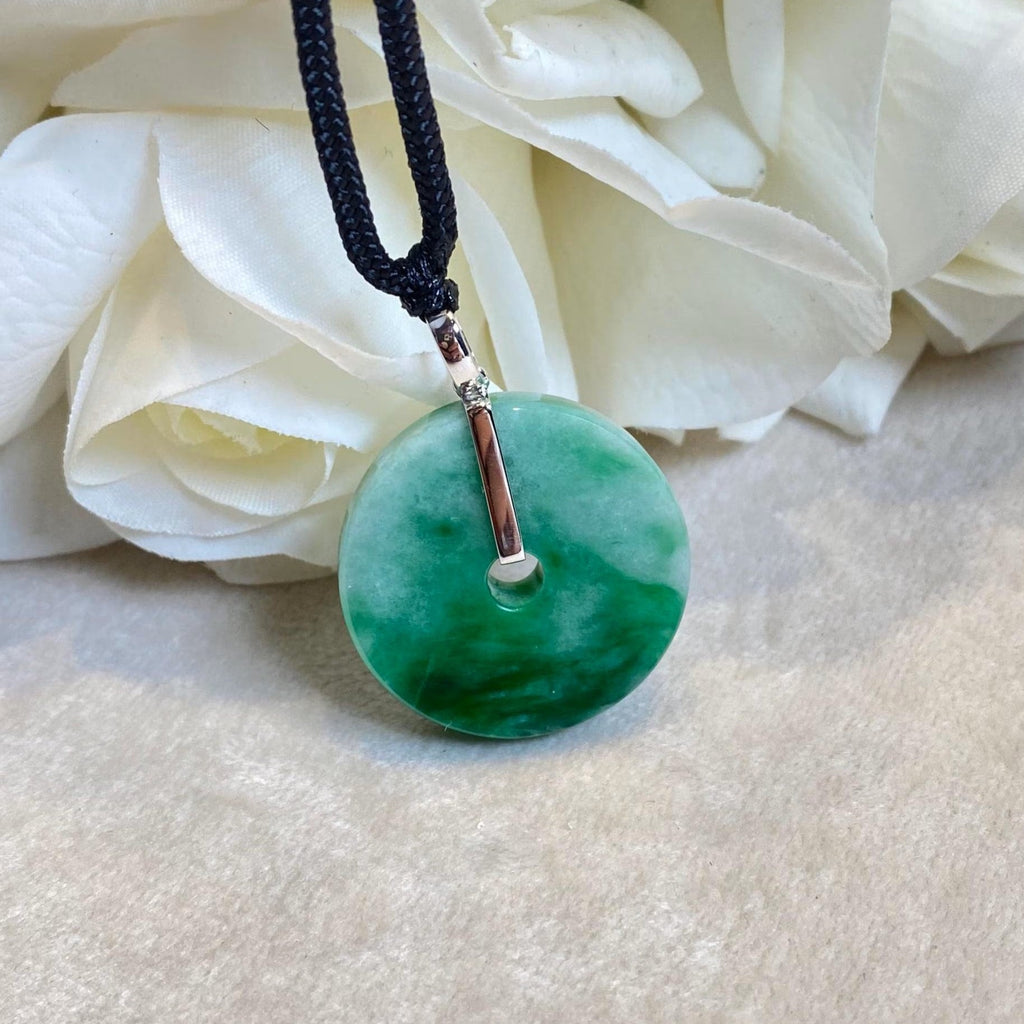 Intense Green Round Disc Jade Pendant Gold Bail - 34.2mm Width Adjustable Cord