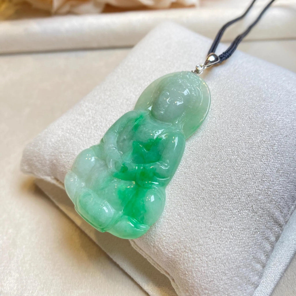 Gransky Handmade GuanYin Apple Green Jade Pendant 18k White Gold and Diamond