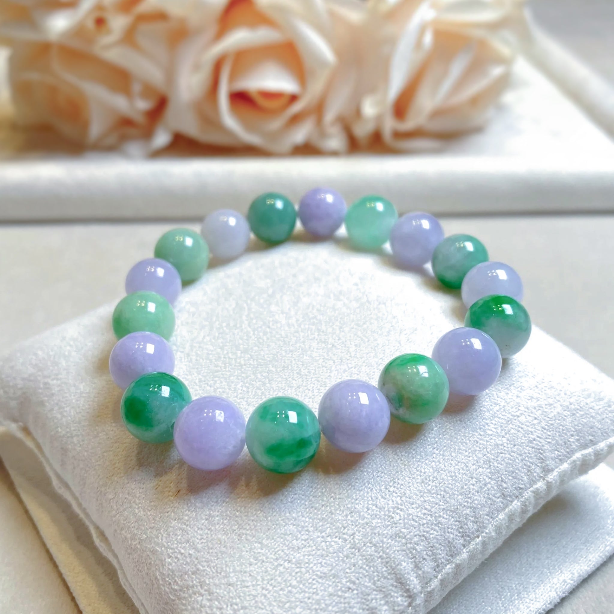 Alternating Green and Purple Jade Beaded Bracelet - 9-9.5mm Beads, 17cm, Natural Jadeite