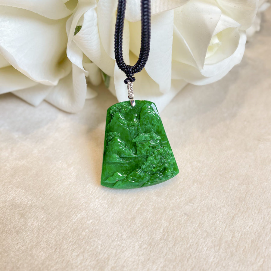 Imperial Green Jade Scenic Pendant with 18k White Gold Bail and Diamonds