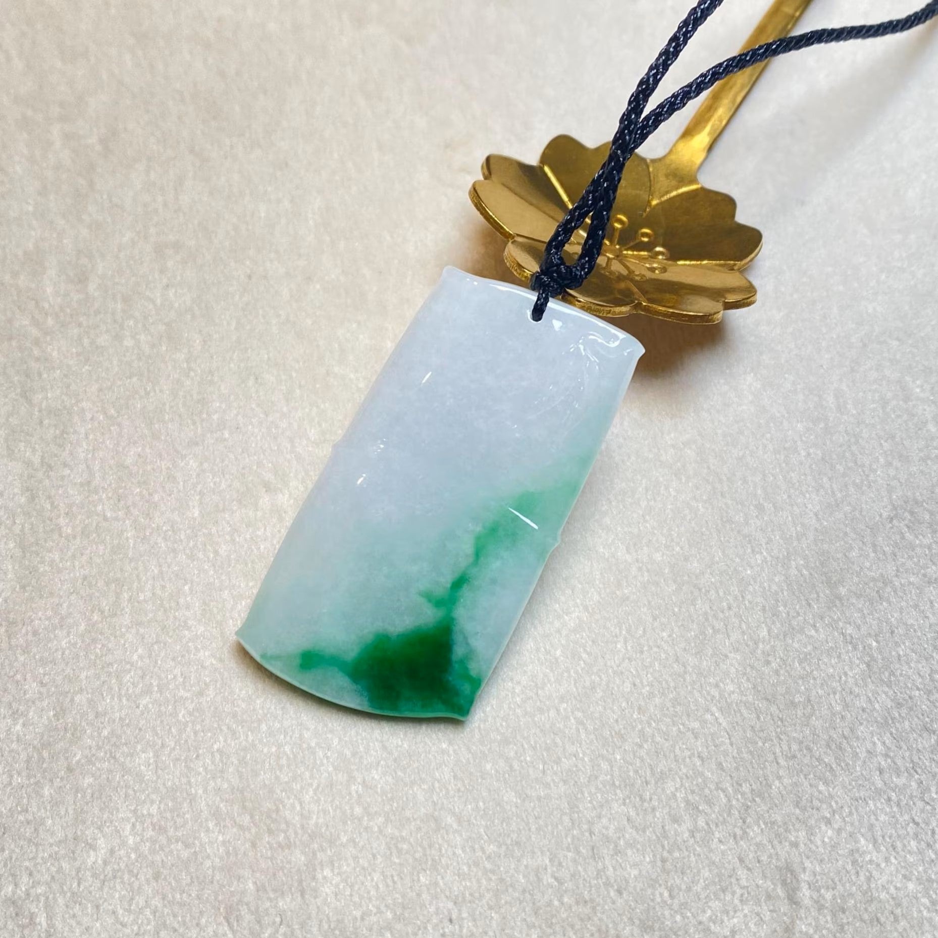 Natural Gradient Green Burmese Jadeite Bamboo Pendant