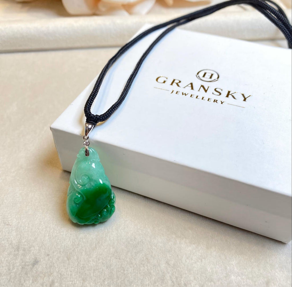 Natural Green Jadeite Pendant - Carved Ruyi Jade