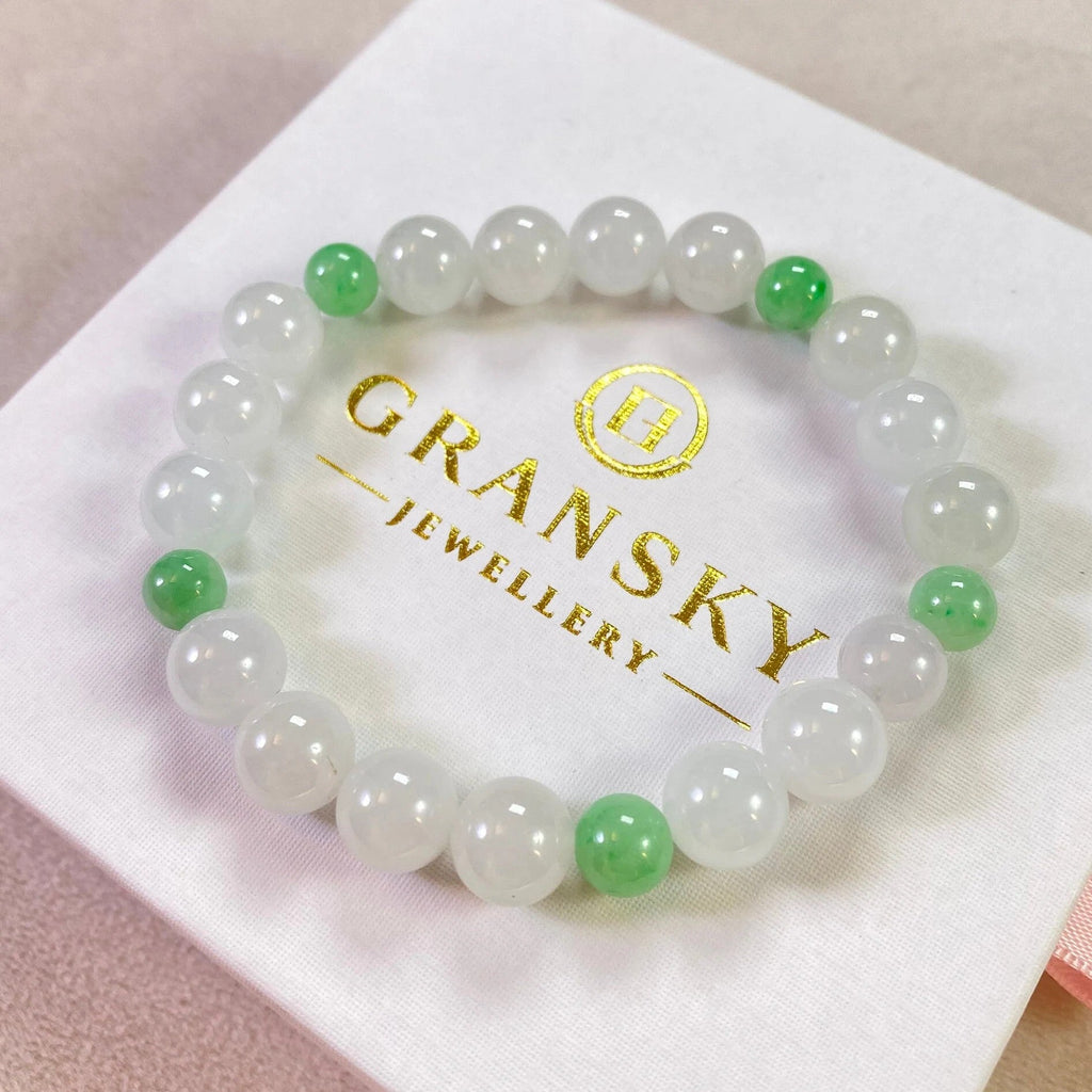Green and White Jade Beaded Bracelet Natural Type A Burmese Jade
