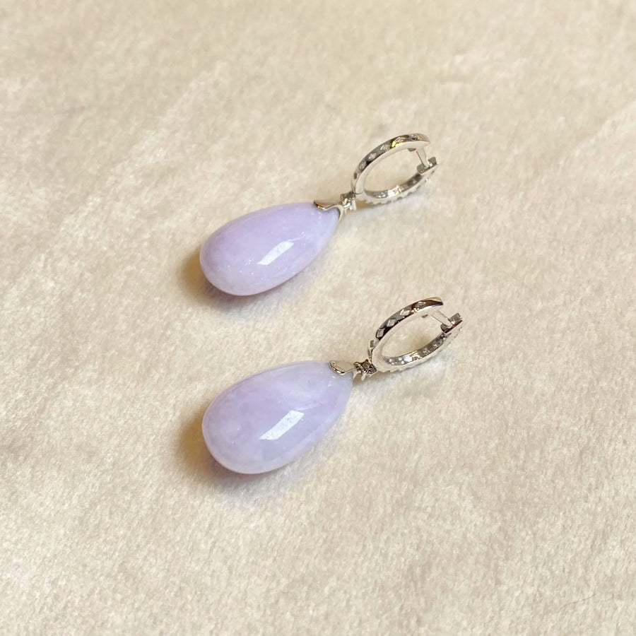 18k White Gold Diamonds Intense Purple Teardrop Jade Drop Earrings