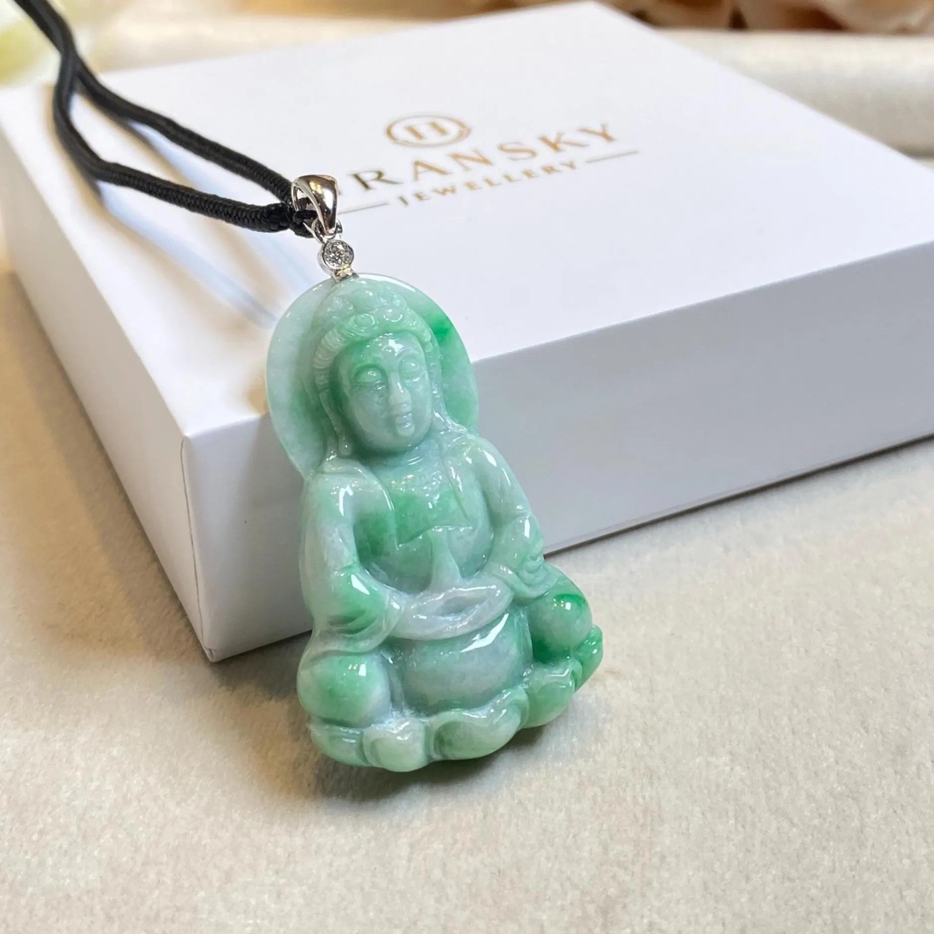 GuanYin Green Jade Pendant 18k White Gold and Diamonds