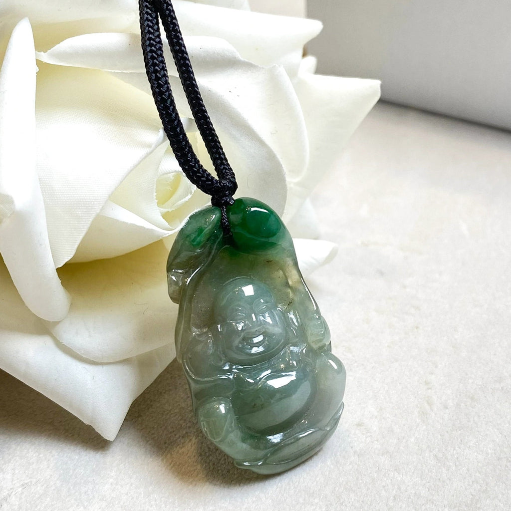 Hand-Carved Green and Brown Jade Happy Buddha Pendant – Spiritual Jewelry