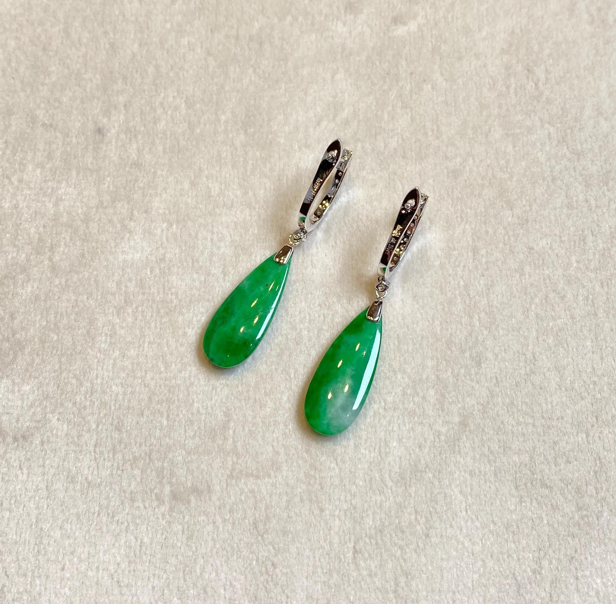 Green Jade Pear Shape Dangle Earrings - 18K White Gold and Diamonds