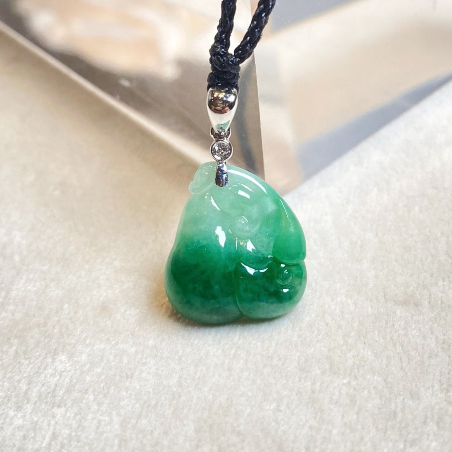 Natural Green Jadeite Pendant 18k White Gold Diamond - Carved Ruyi Jade