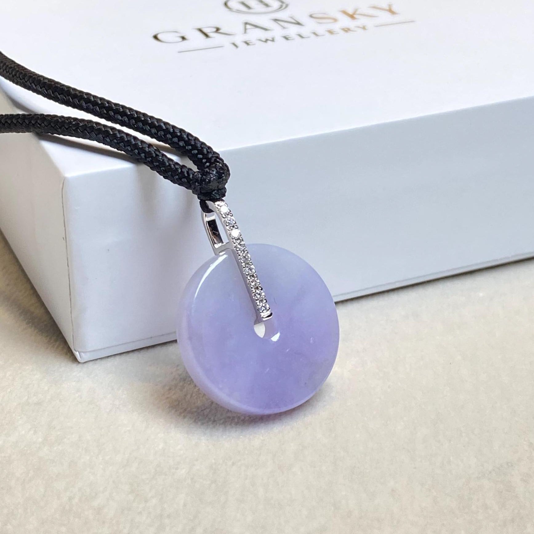 Deep Purple Jade Donut Pendant Necklace in 18K White Gold with Diamonds