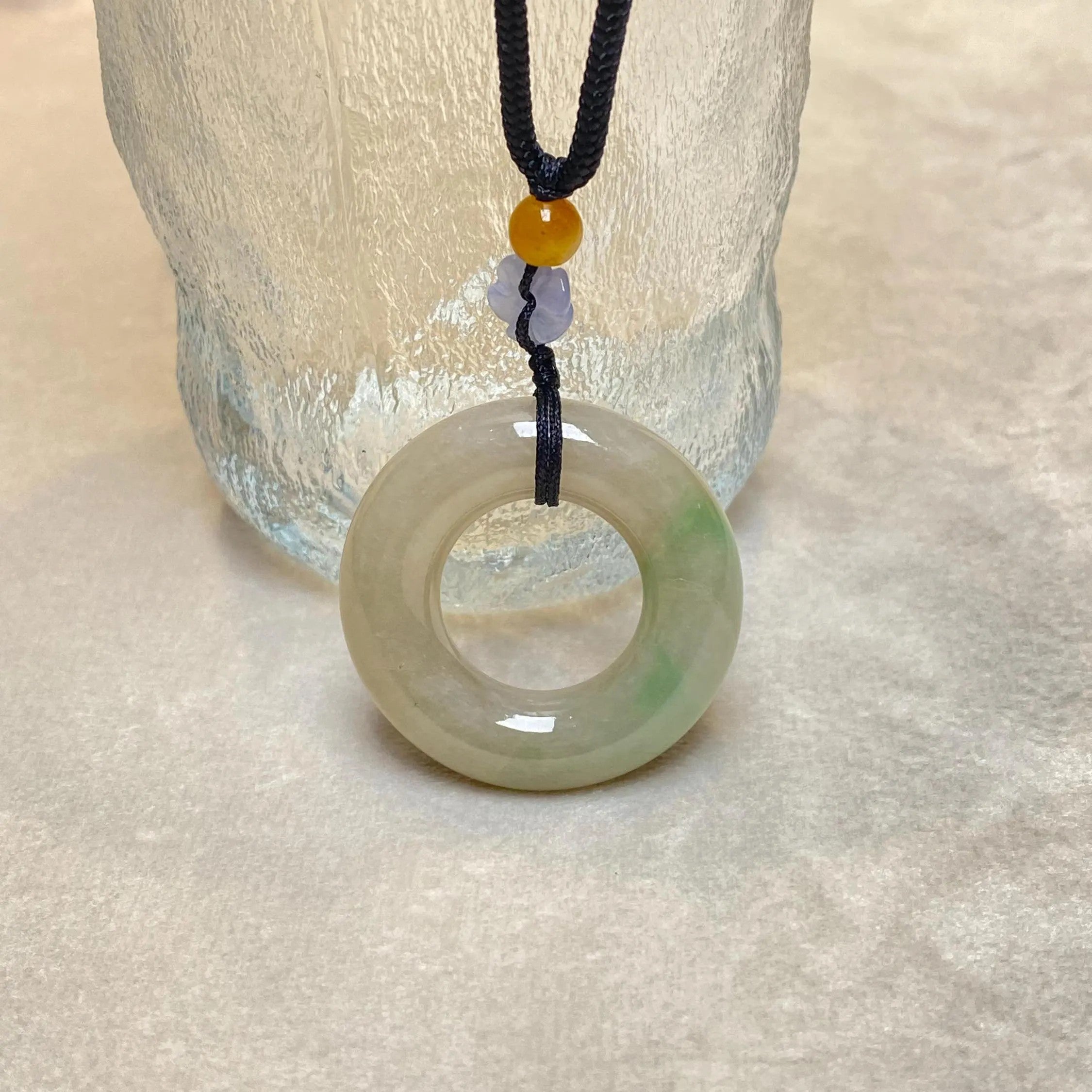 Natural Type A Jadeite Donut Pendant with Adjustable String - Ocean Green & Brown Hue