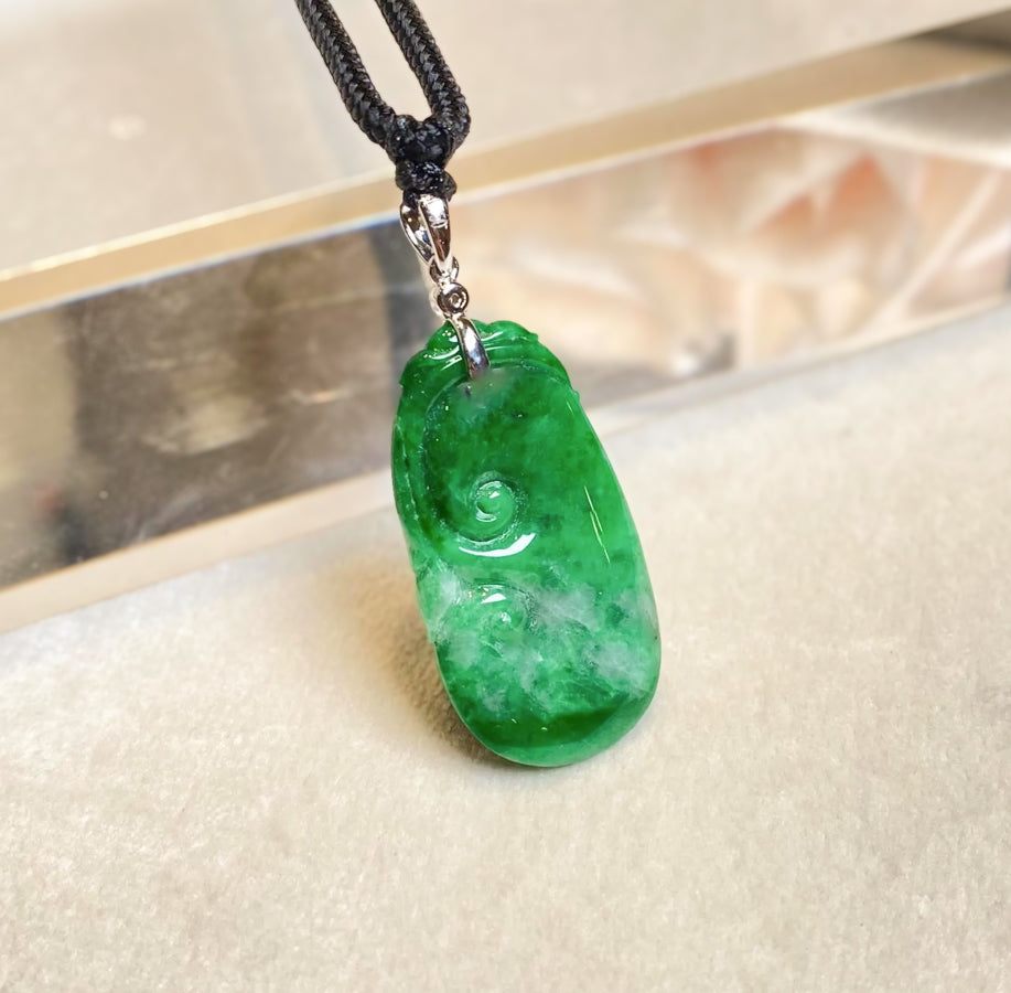 Gransky Carved Ruyi Jade Pendant in 18k White Gold Bail and Diamonds