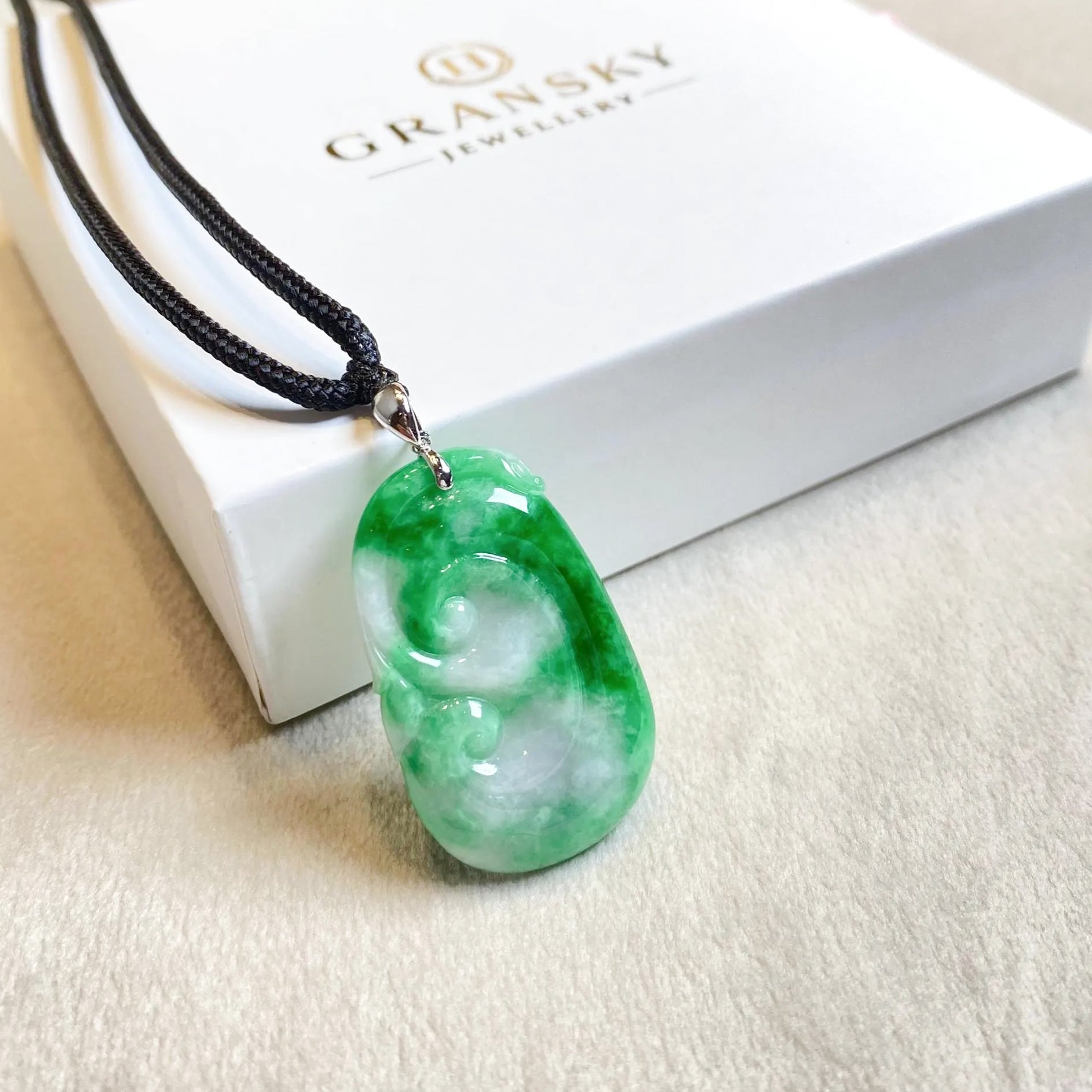 Natural Green Ruyi Jade Pendant - 18k White Gold Bail