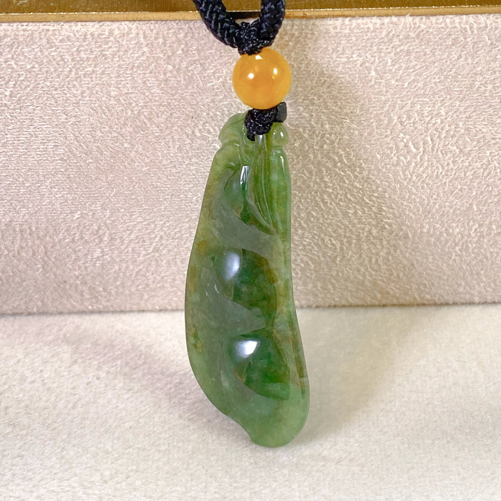 Handcrafted Peapod-Shaped Green Jade Pendant with Orange Bead