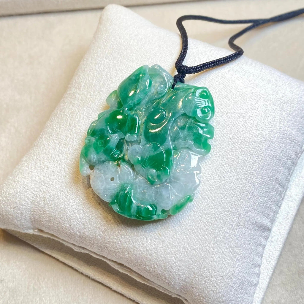 Natural Green Jadeite Pendant - Carved Lotus Leaf with Ruyi