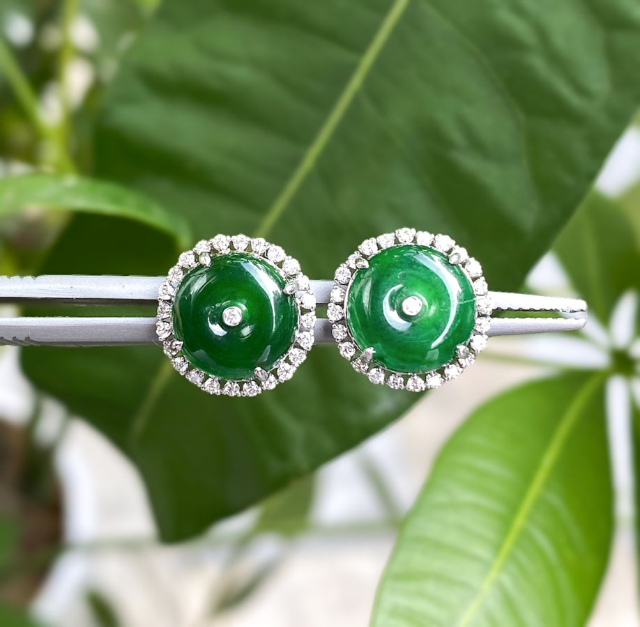 Imperial Green Jadeite & Diamond Round Disc Stud Earrings in 18K White Gold