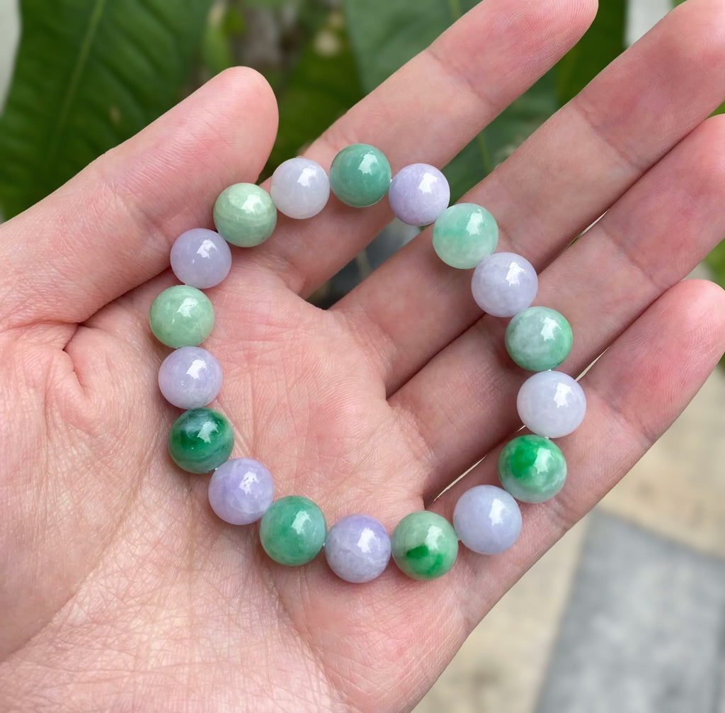 Alternating Green and Purple Jade Beaded Bracelet - 9-9.5mm Beads, 17cm, Natural Jadeite