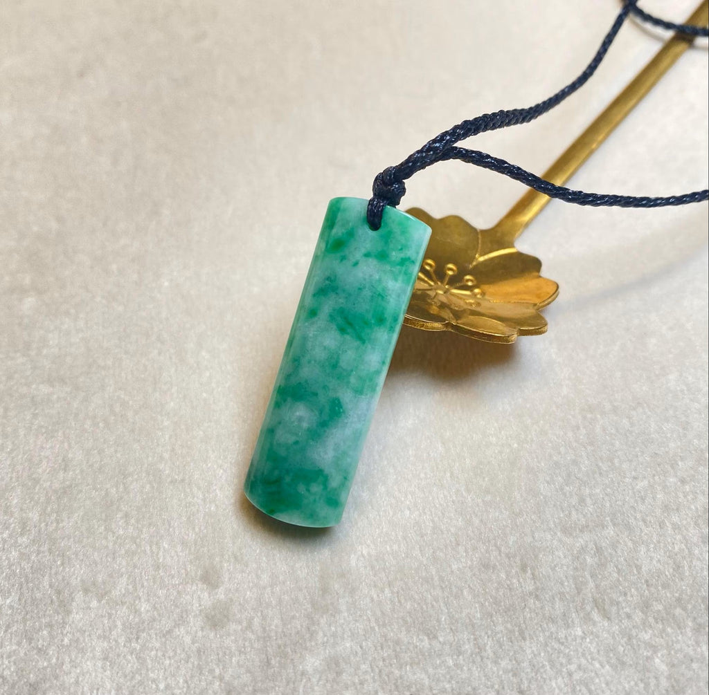 Genuine Green Jade Rod Pendant – Natural Untreated Burmese Jadeite on Black Adjustable String