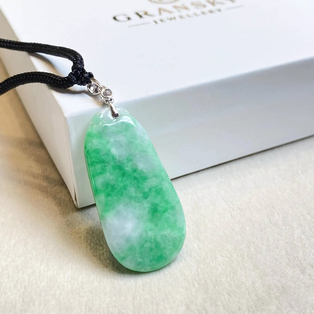 Handcrafted Melon Shape Jade Pendant Necklace - 18k White Gold Bail & Diamond