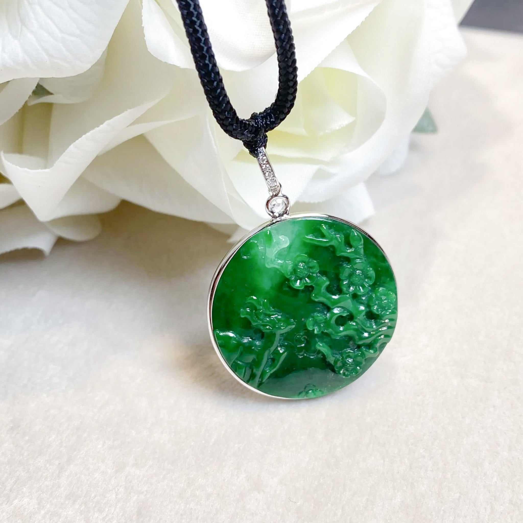 Imperial Green Carved Jade Deer & Plum Scenery Pendant in 18K Gold & Diamonds