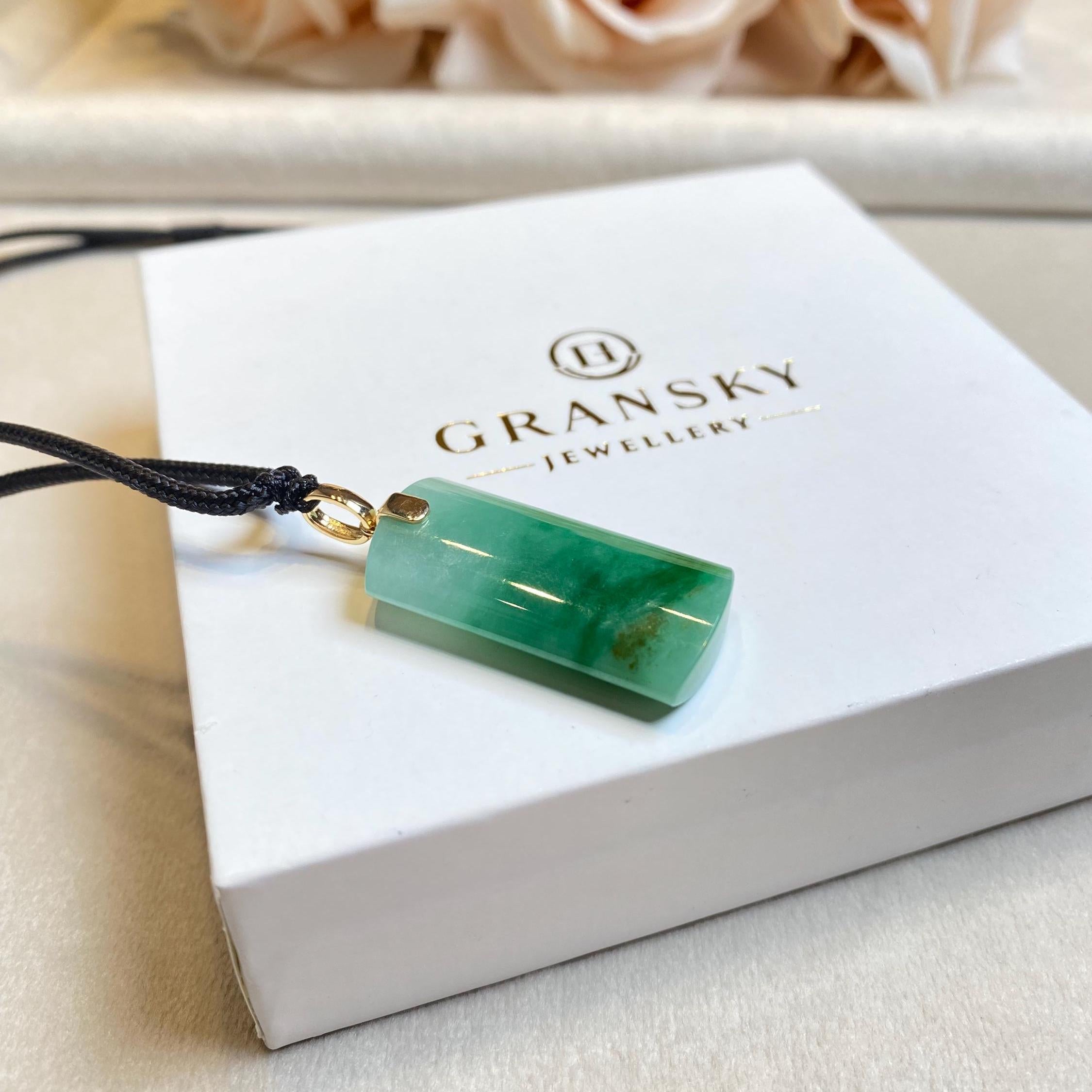 Green Jade Block Pendant Necklace 18k Yellow Gold Bail - Certified Type-A Jadeite