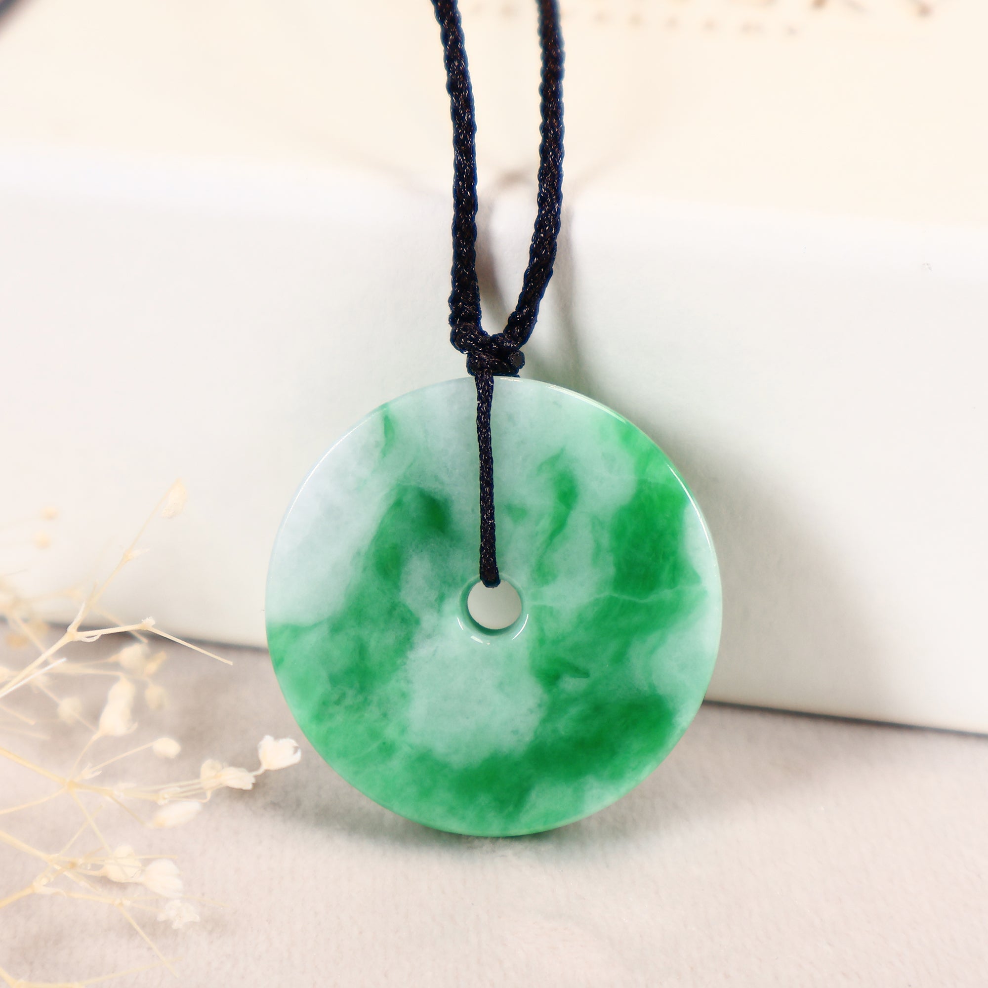 Intense Green Round Disc Jade Pendant - 28.3mm with Adjustable Cord