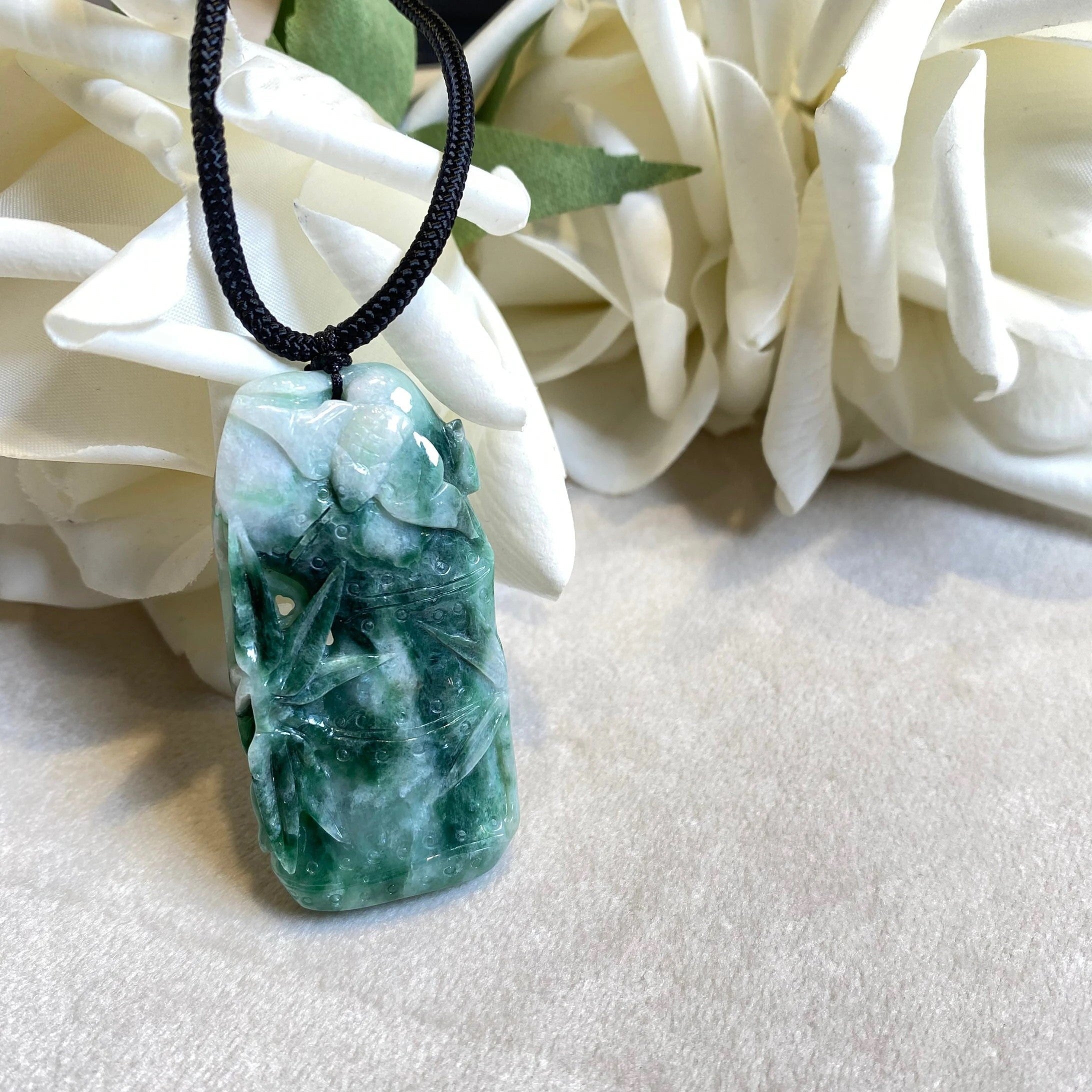 Natural Green Burmese Jadeite Bamboo Pendant with Fu Shu Carving – Adjustable Black String Necklace