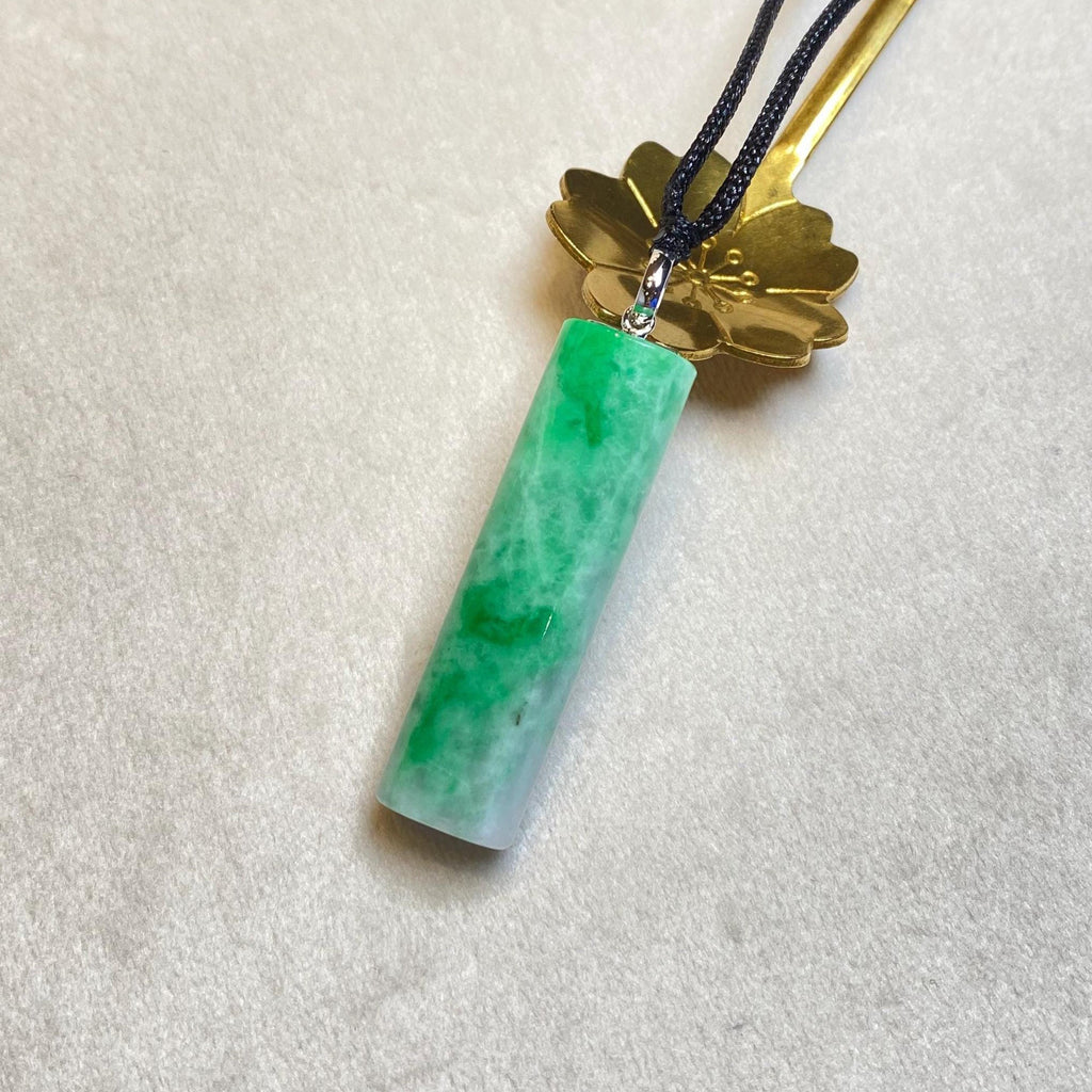 Genuine Green Jade Rod Pendant 18k White Gold Bail – Natural Untreated Burmese Jadeite