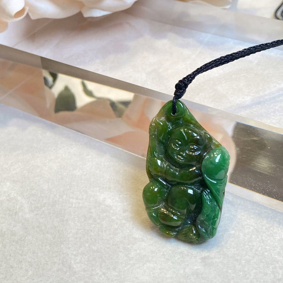 Handcrafted Tri-Color Jade Happy Monk Pendant with Lotus Leaf