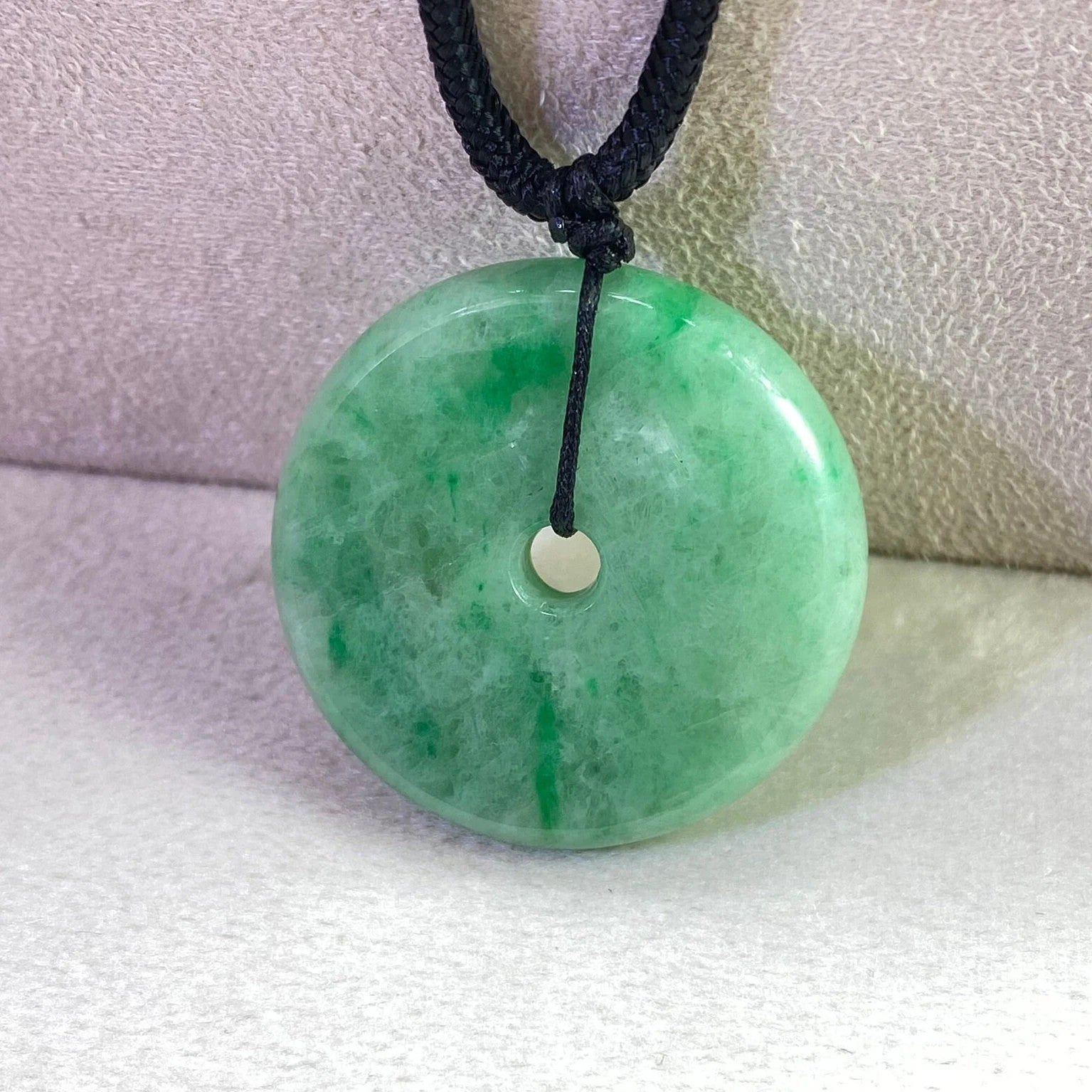Delicate Green Round Disc Jade Pendant - 28.1mm Width Adjustable Cord