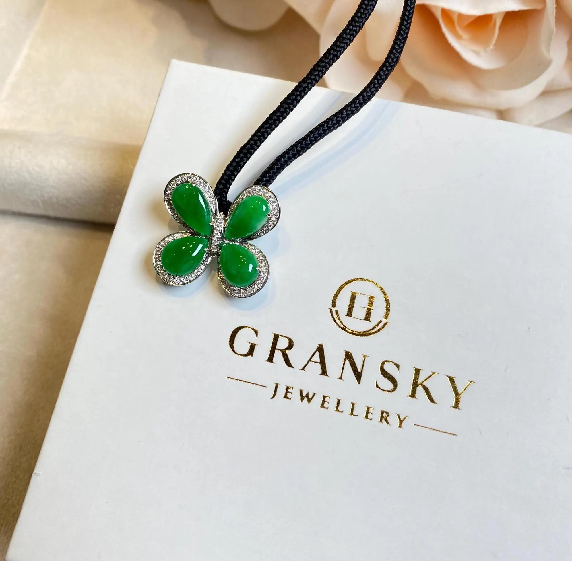 18k Gold Diamond Green Butterfly Jade Pendant Necklace - Natural Type-A Jade