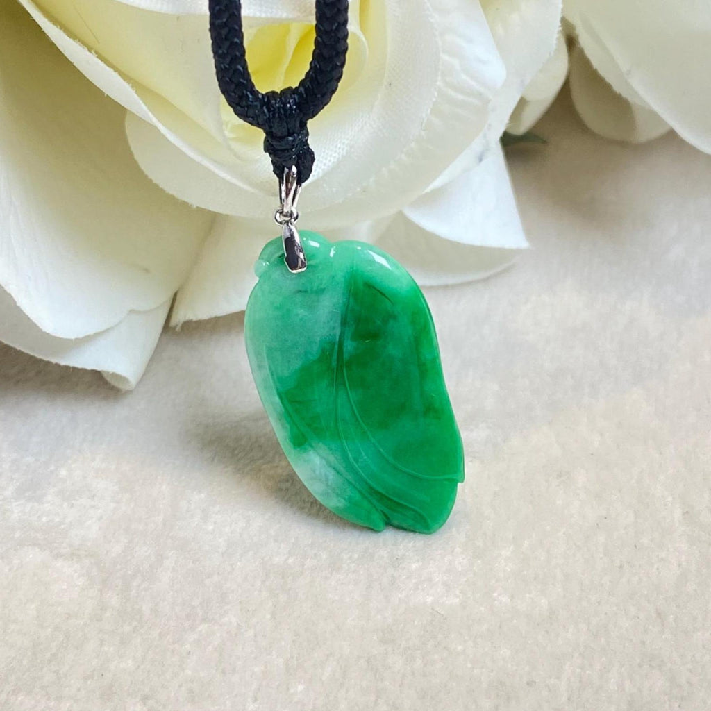 Natural Green Carved Jade Pendant - 18k White Gold Bail