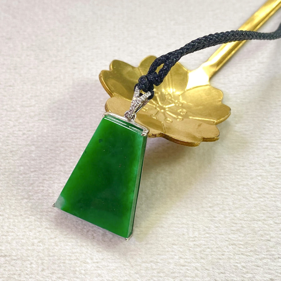 Green Jade Block Pendant in 18K White Gold with Diamonds, Genuine Burmese Jadeite