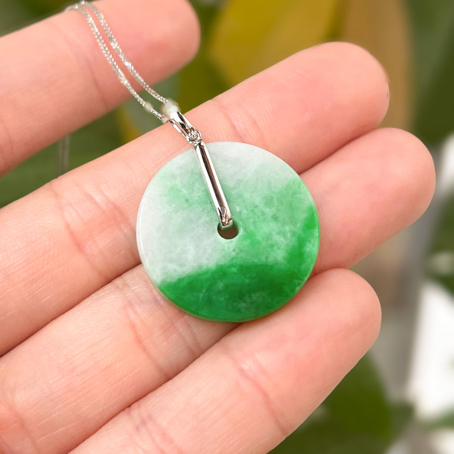 Cute Green Jade Disc Donut Pendant 18k White Gold Bail