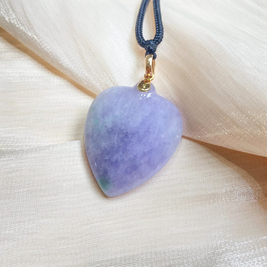 Deep Purple Jade Heart Pendant in 18k Yellow Gold Bail - Natural Burmese Jade Jewelry