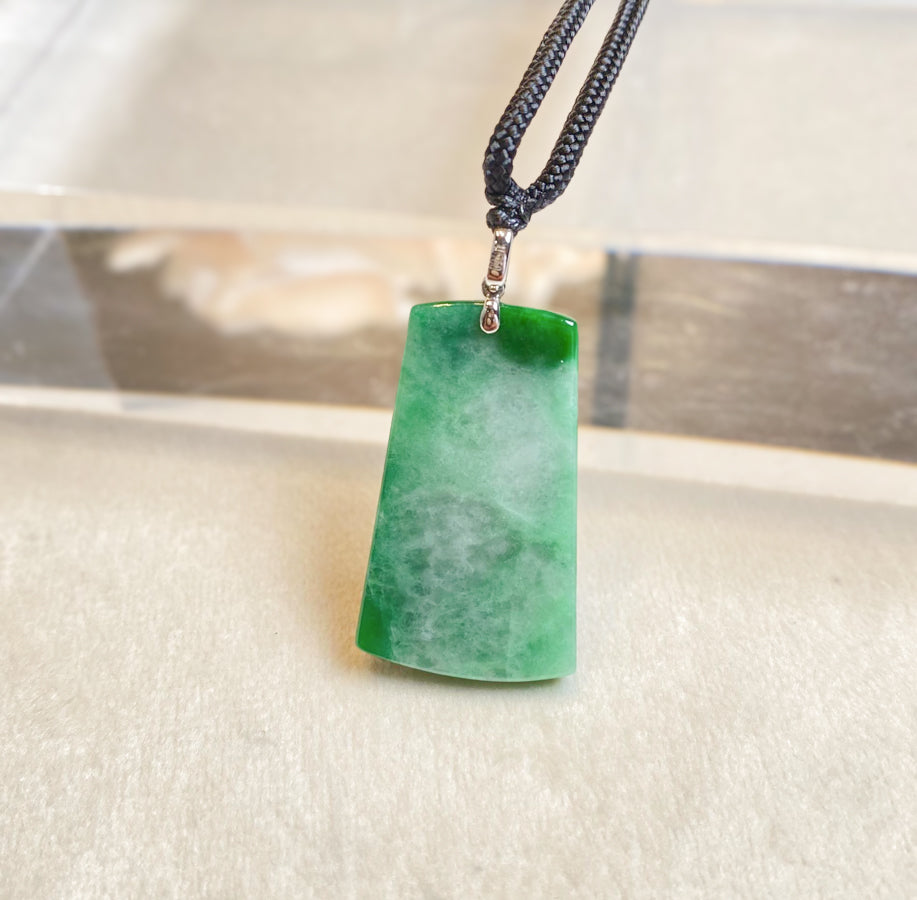 Imperial Green Jade Pendant with Mountain Carving, 18K White Gold & Diamonds