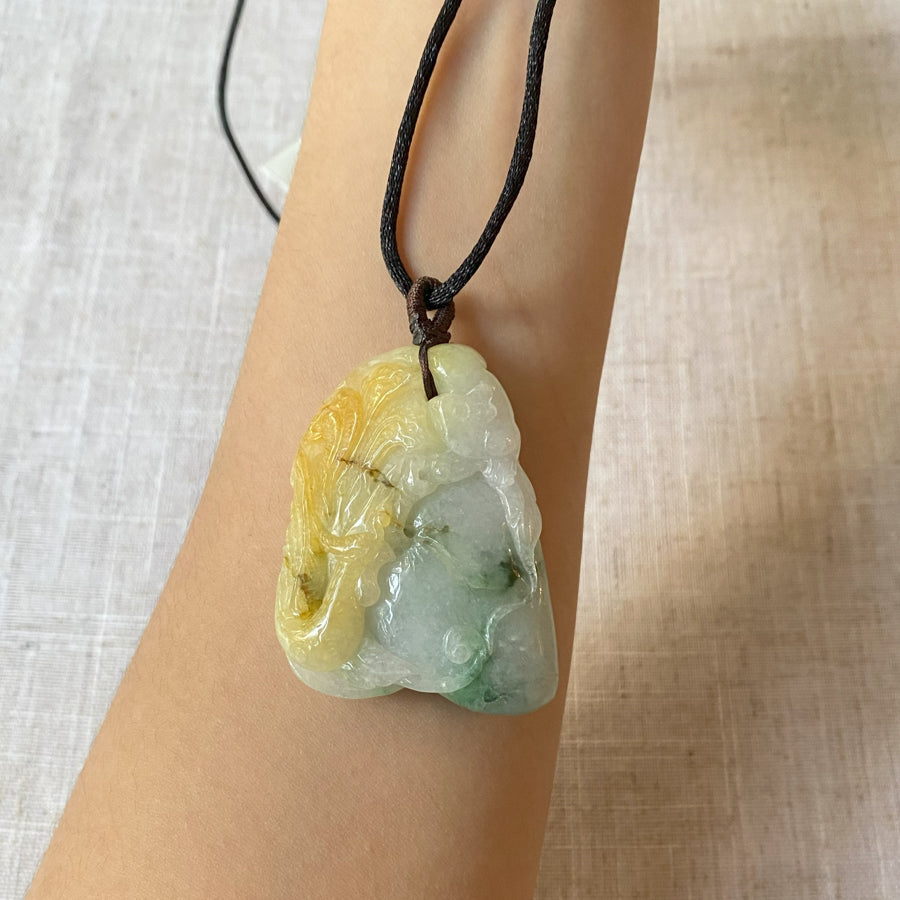 Gransky Handmade Burmese Grade A Jadeite Peach Tri-Color Jade Pendant Necklace