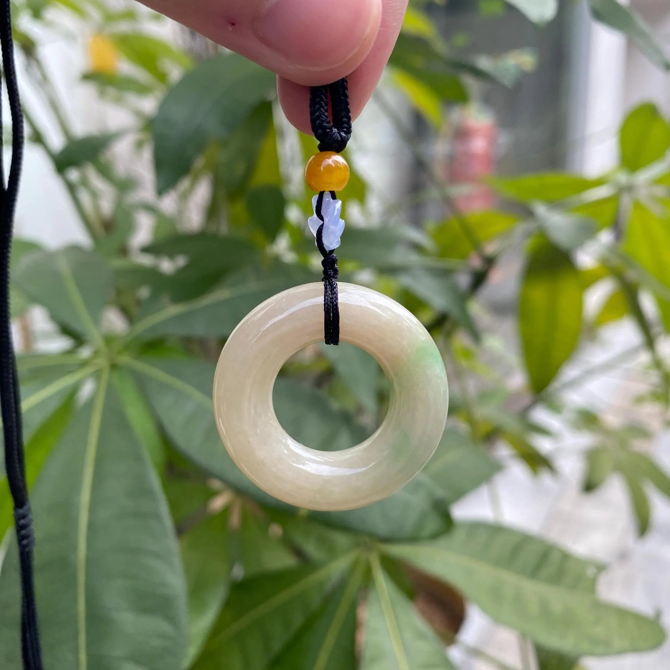 Natural Type A Jadeite Donut Pendant with Adjustable String - Ocean Green & Brown Hue