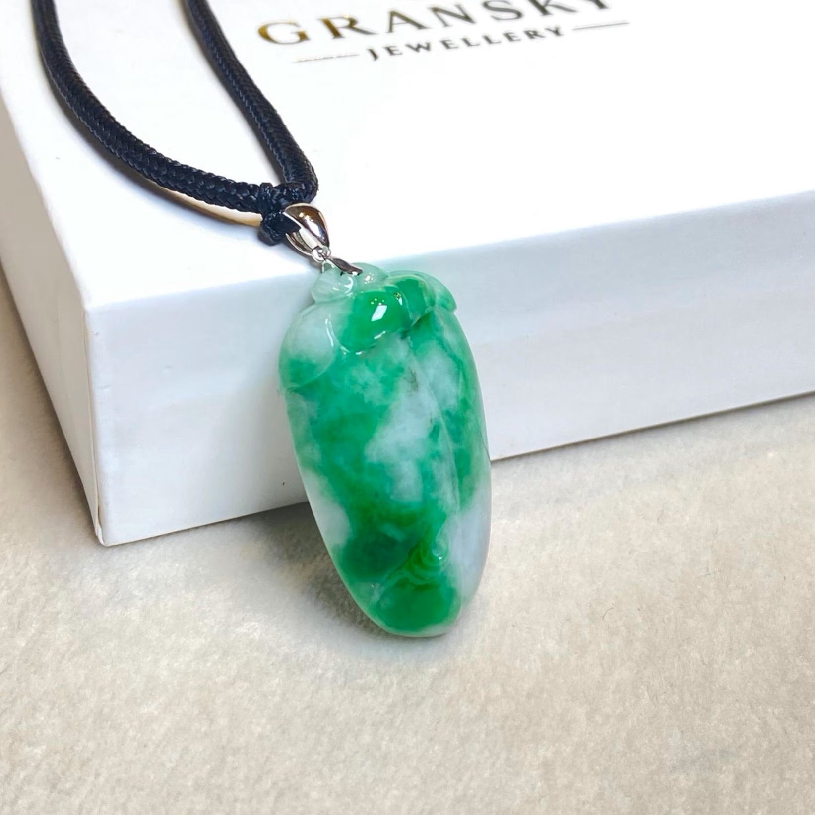 Natural Green Carved Peach Jade Pendant - 18k White Gold Bail